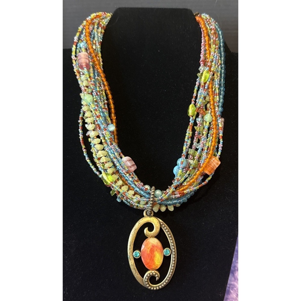 Chicos Necklace Colorful Multi Strand Colorful Glass Stone Beads Pendant Chunky